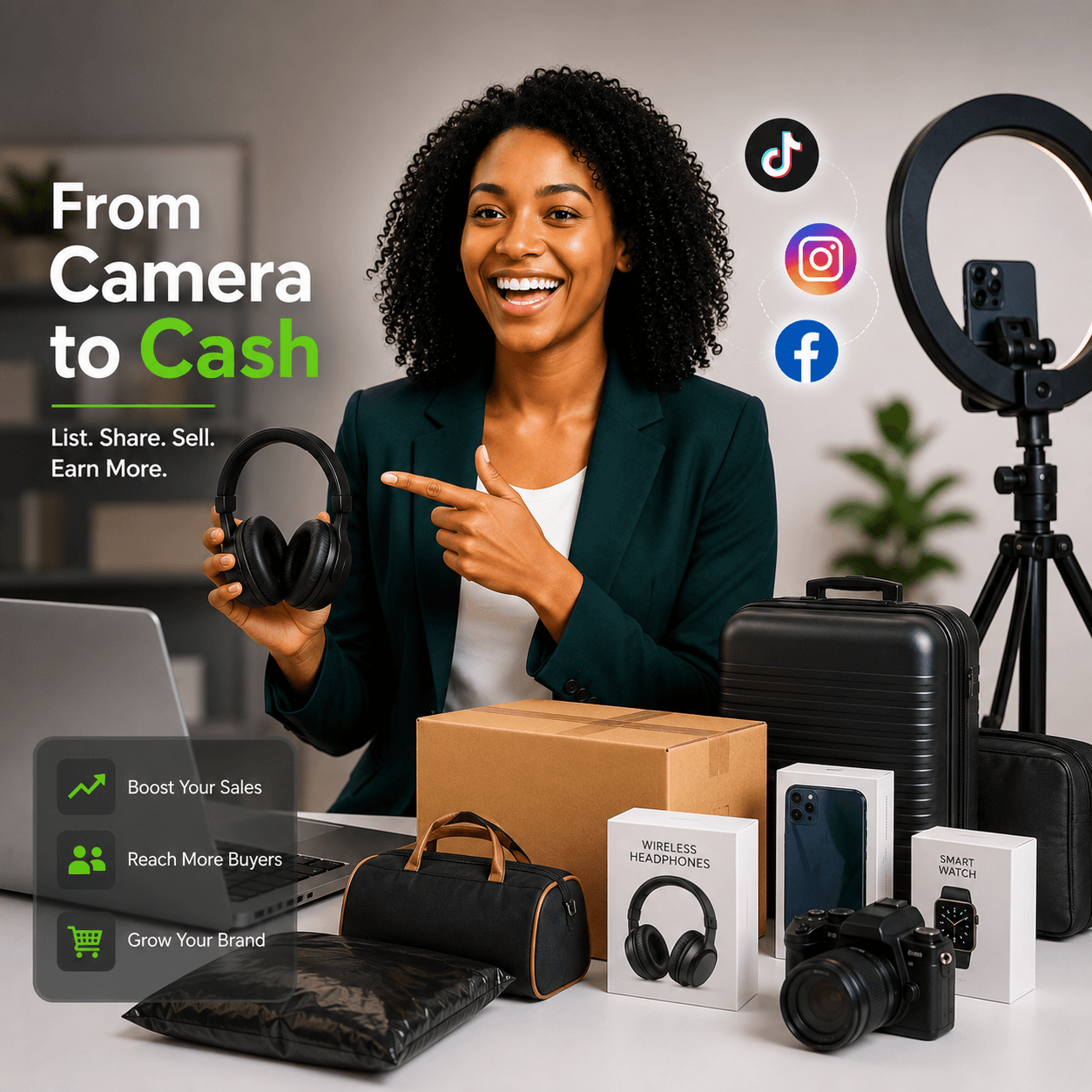Woman in green blazer pointing to the hero device and promotion card