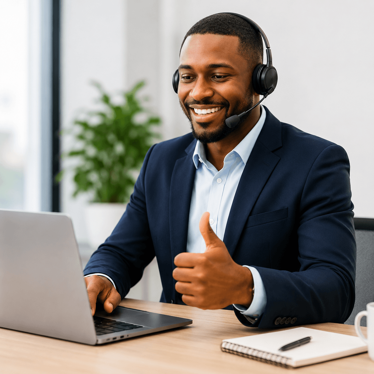 Support agent using a laptop and giving a thumbs up