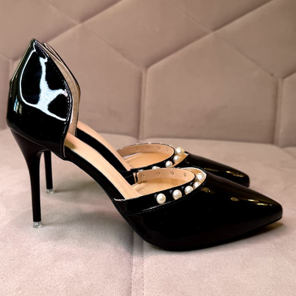 Black Patent Pearl Pointed Heels
