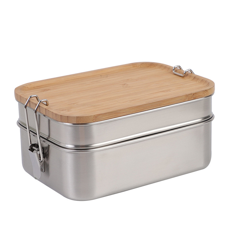 Premium 304 Stainless Steel Double Layer Lunch Box with Bamboo Lid
