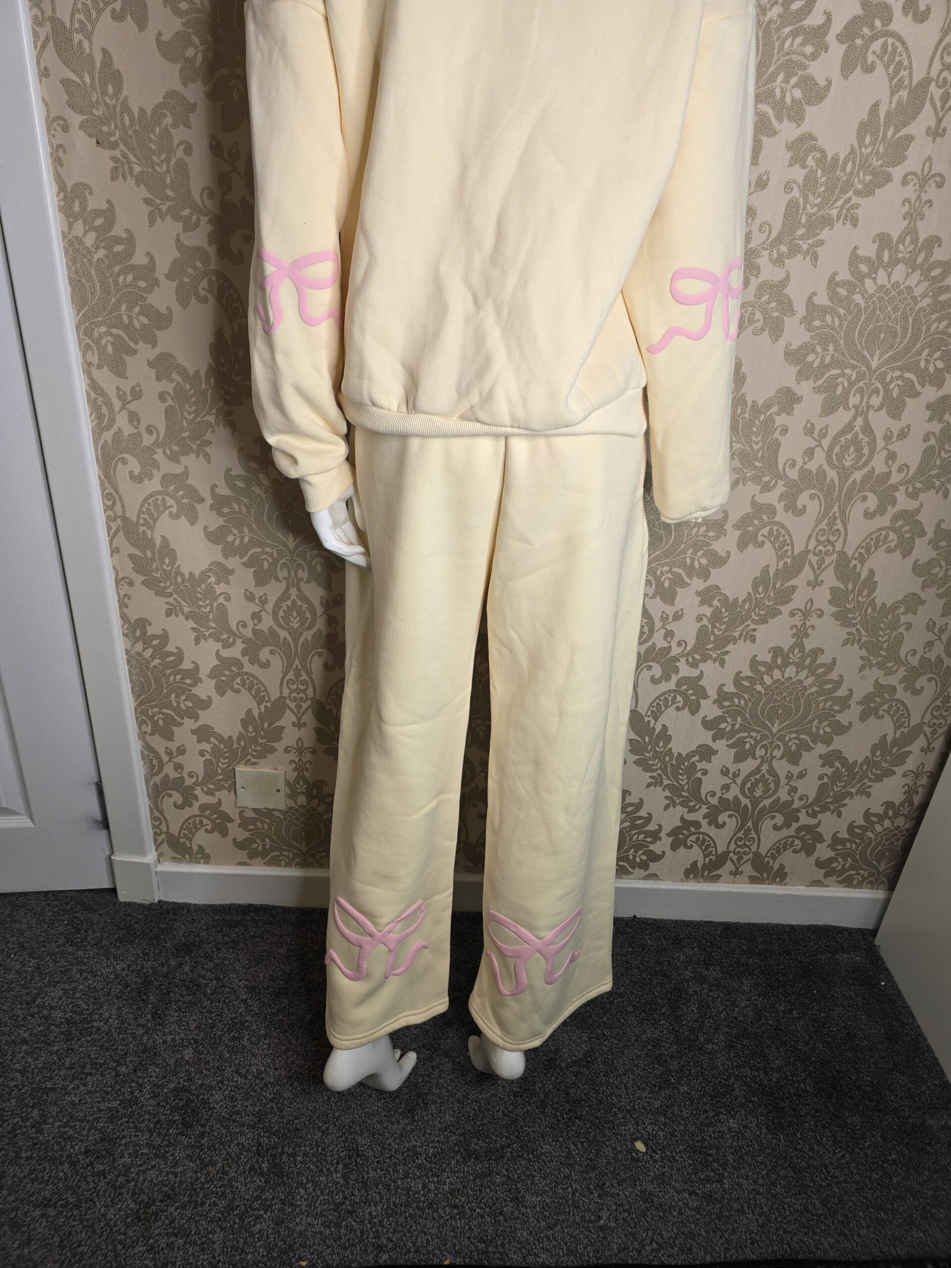 Women’s Cream Hooded Tracksuit Set with Pink Bow Detail – Size Small - Image 6