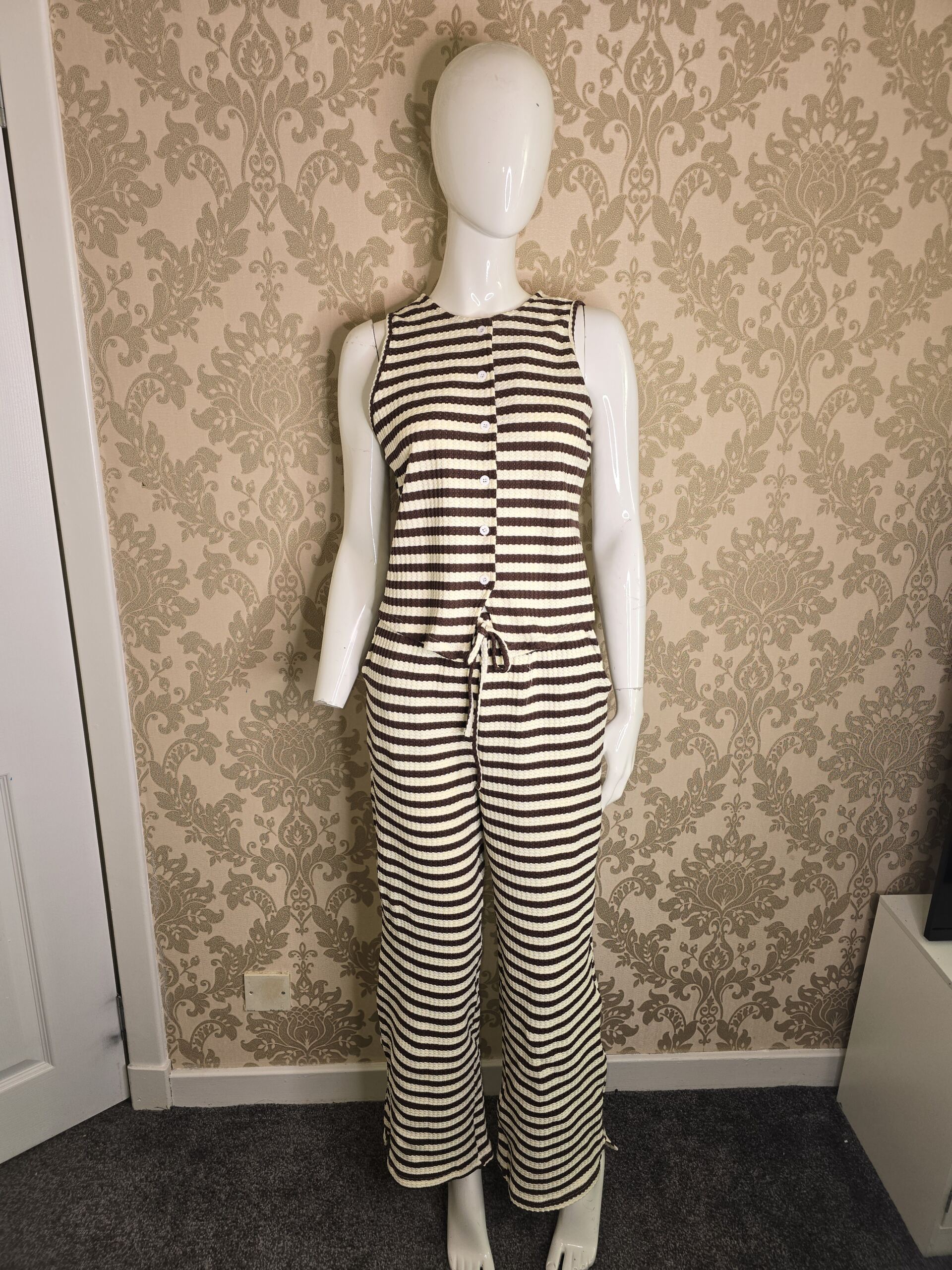 Women’s Brown & Cream Striped Knit Two-Piece Set – Size Small