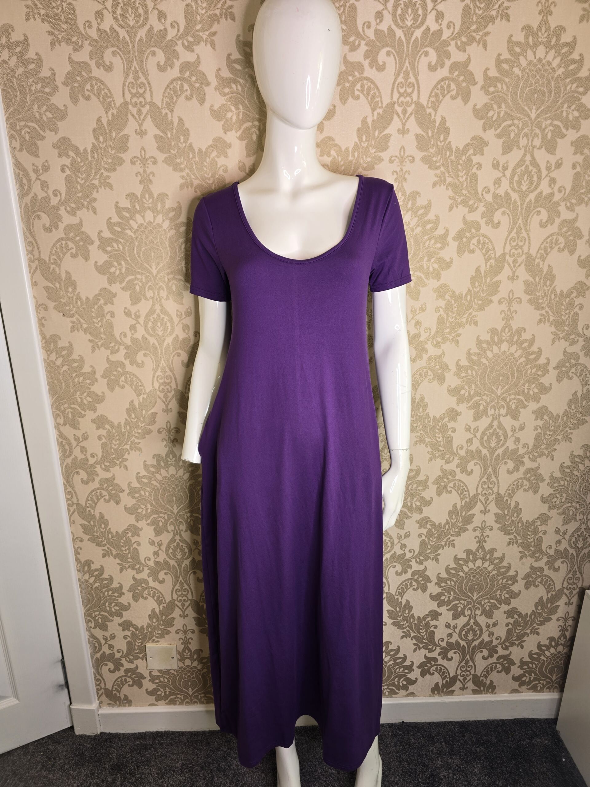 Women’s Purple Maxi Dress, Scoop Neck Short Sleeve Small