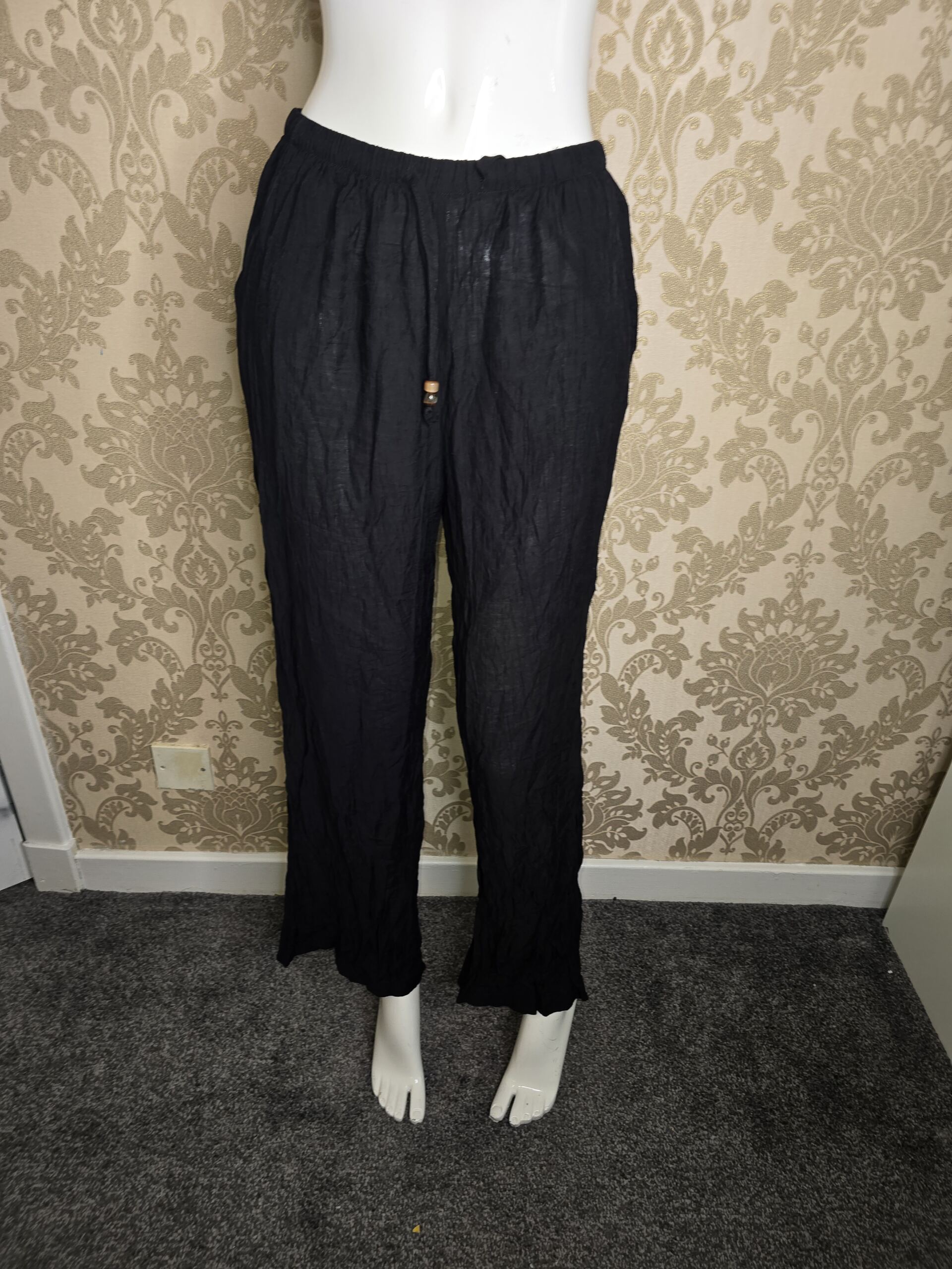 Women’s Black Crinkle Drawstring Trousers – Small/Medium