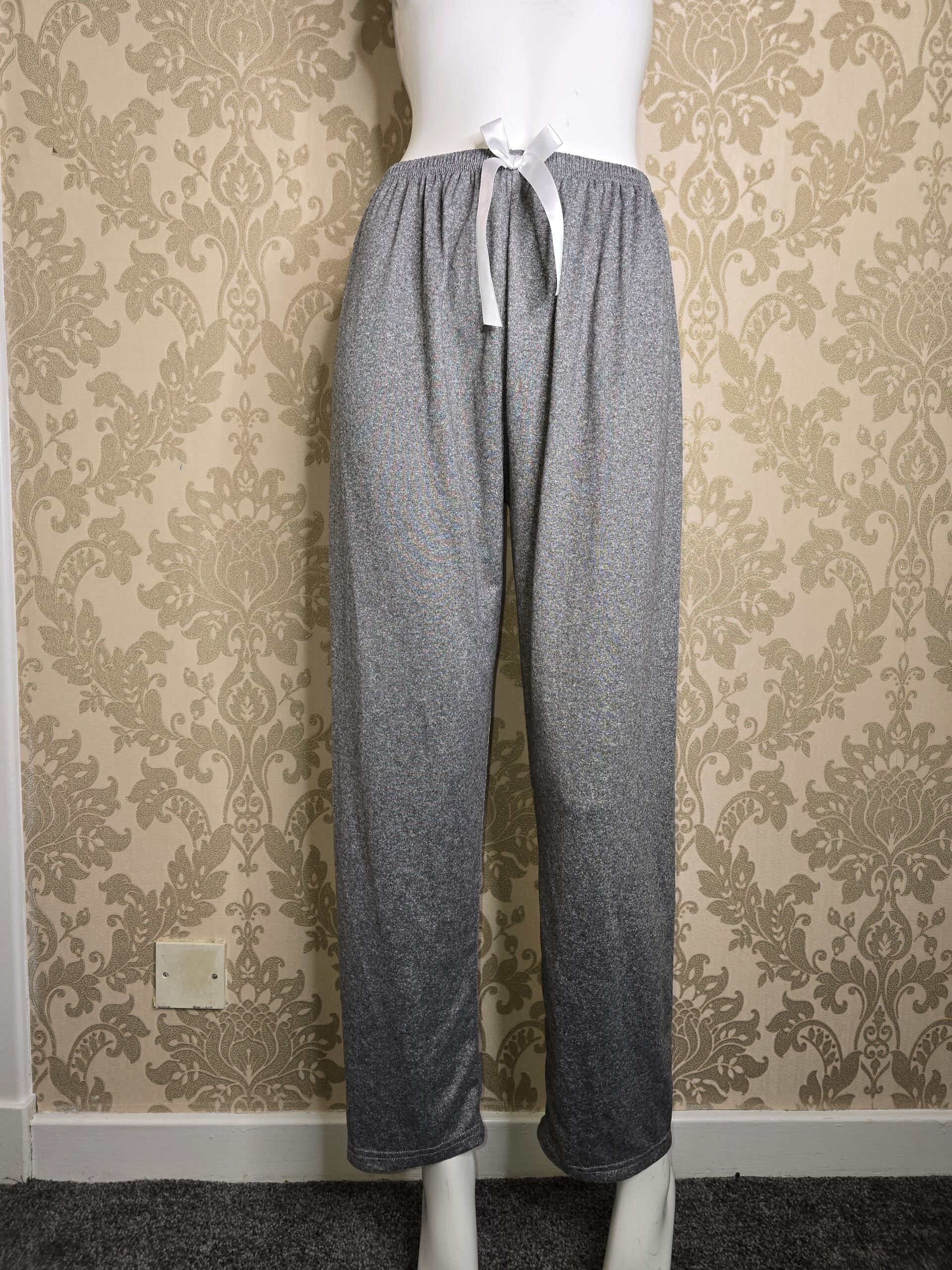 Women’s Grey Marl Lounge Pants Size Small, Soft Elastic Waist Pyjama Bottoms with White Satin Bow Drawstring, Casual Comfy Sleepwear Trousers - Image 6