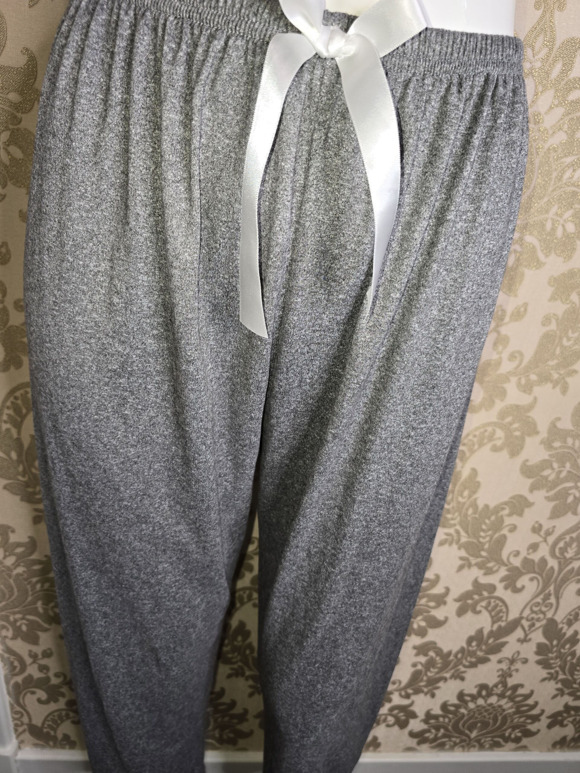 Women’s Grey Marl Lounge Pants Size Small, Soft Elastic Waist Pyjama Bottoms with White Satin Bow Drawstring, Casual Comfy Sleepwear Trousers - Image 3