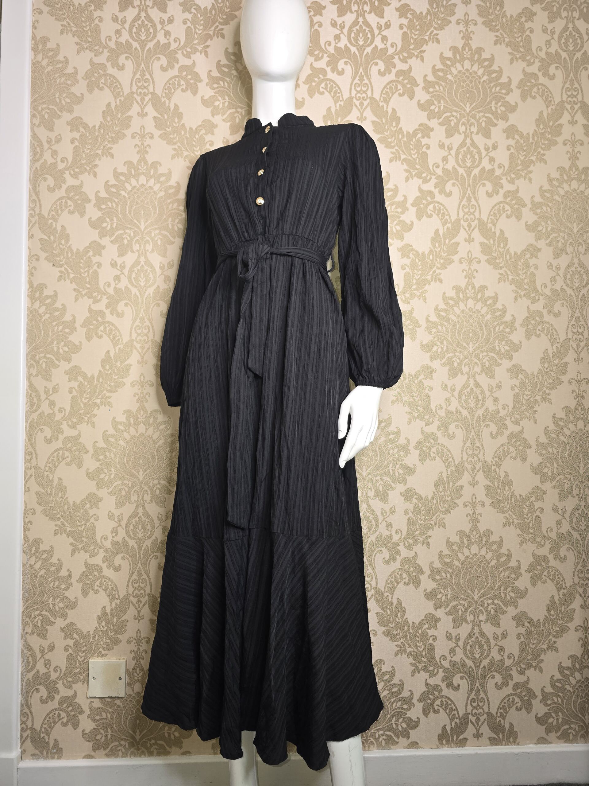 Women’s Black Long Sleeve Belted Maxi Dress Size Small, Textured Crinkle Shirt Dress with Gold Buttons, High Neck, Tie Waist and Flared Hem - Image 6