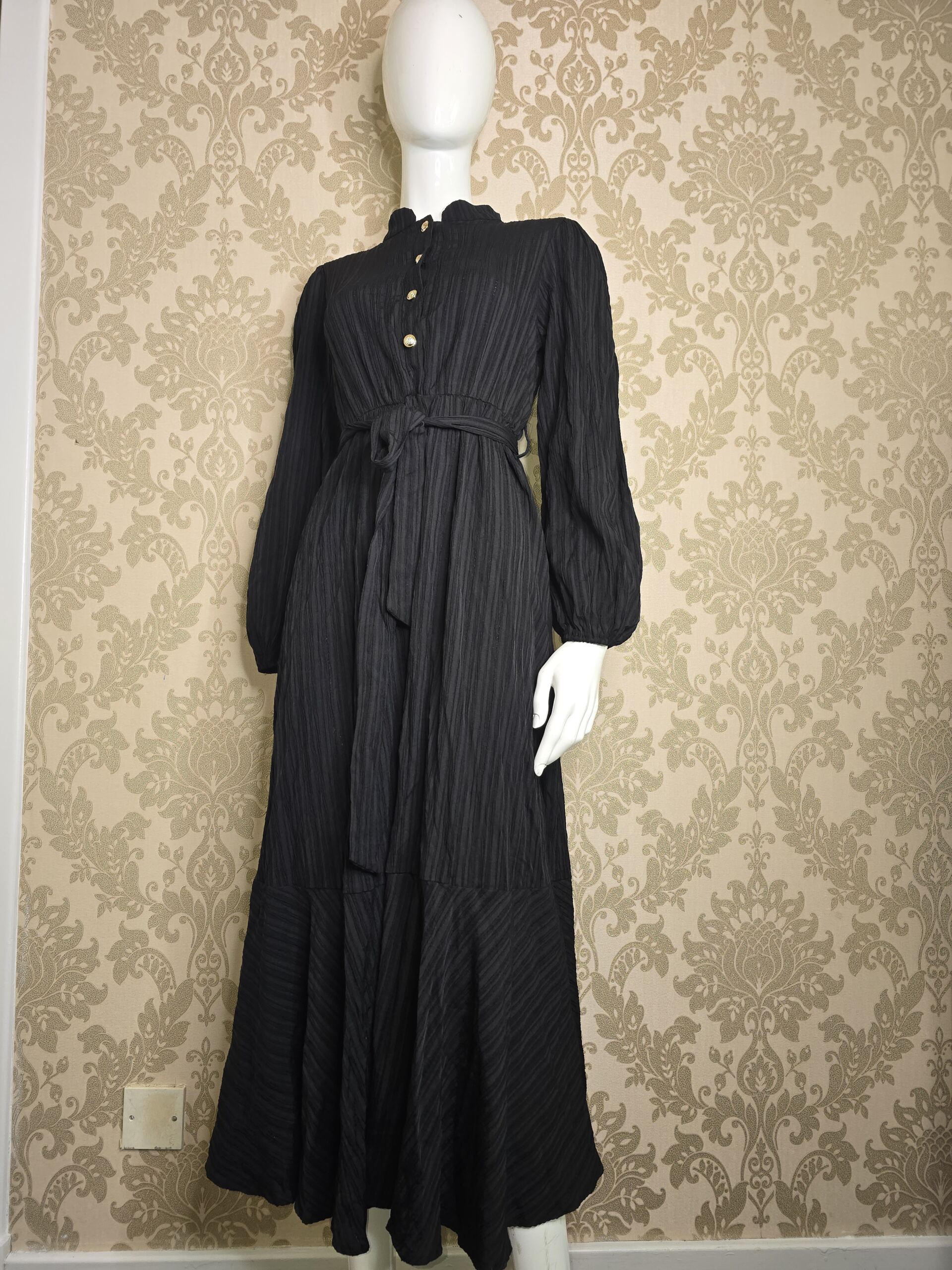 Women’s Black Long Sleeve Belted Maxi Dress Size Small, Textured Crinkle Shirt Dress with Gold Buttons, High Neck, Tie Waist and Flared Hem