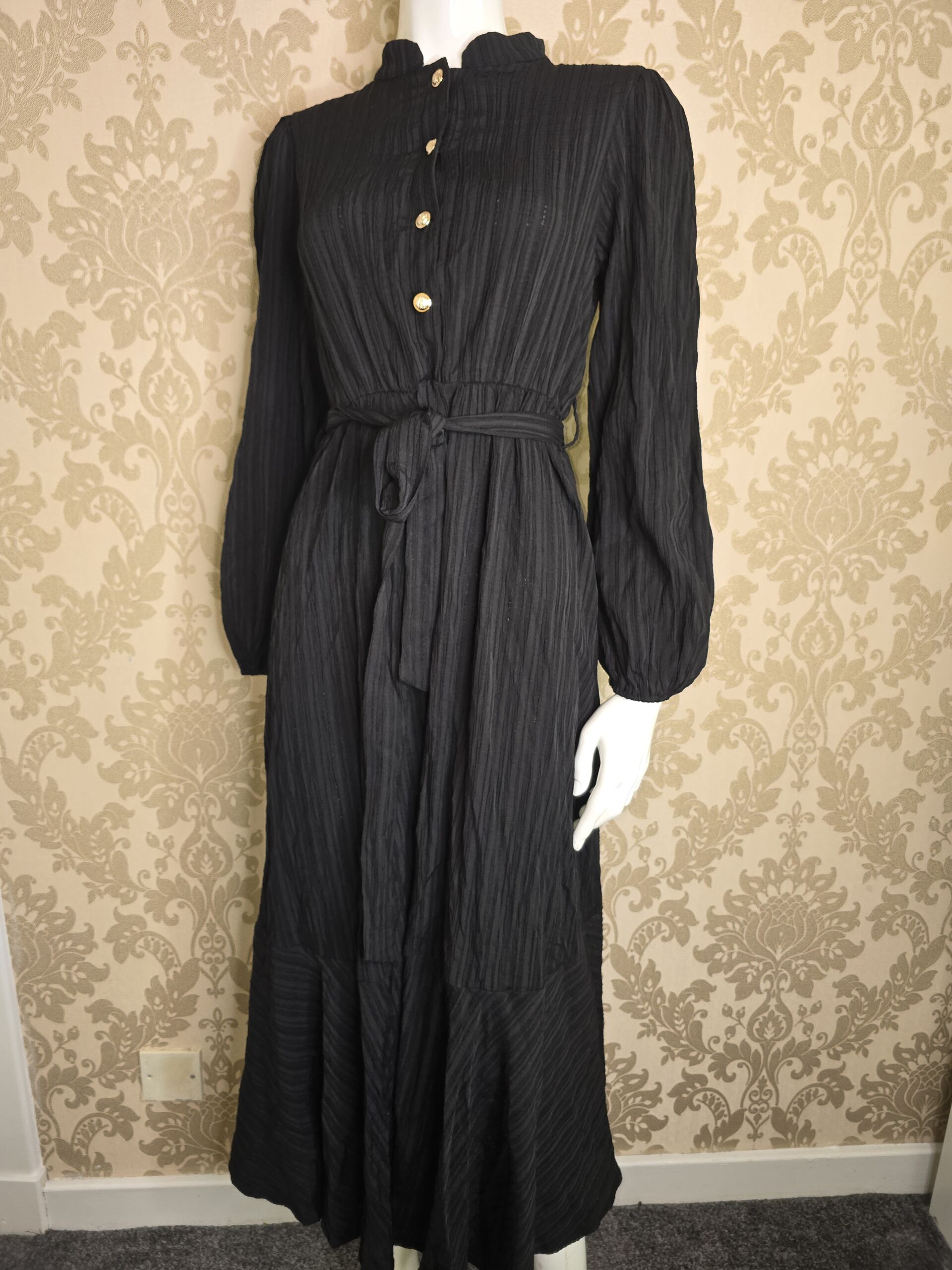 Women’s Black Long Sleeve Belted Maxi Dress Size Small, Textured Crinkle Shirt Dress with Gold Buttons, High Neck, Tie Waist and Flared Hem - Image 2