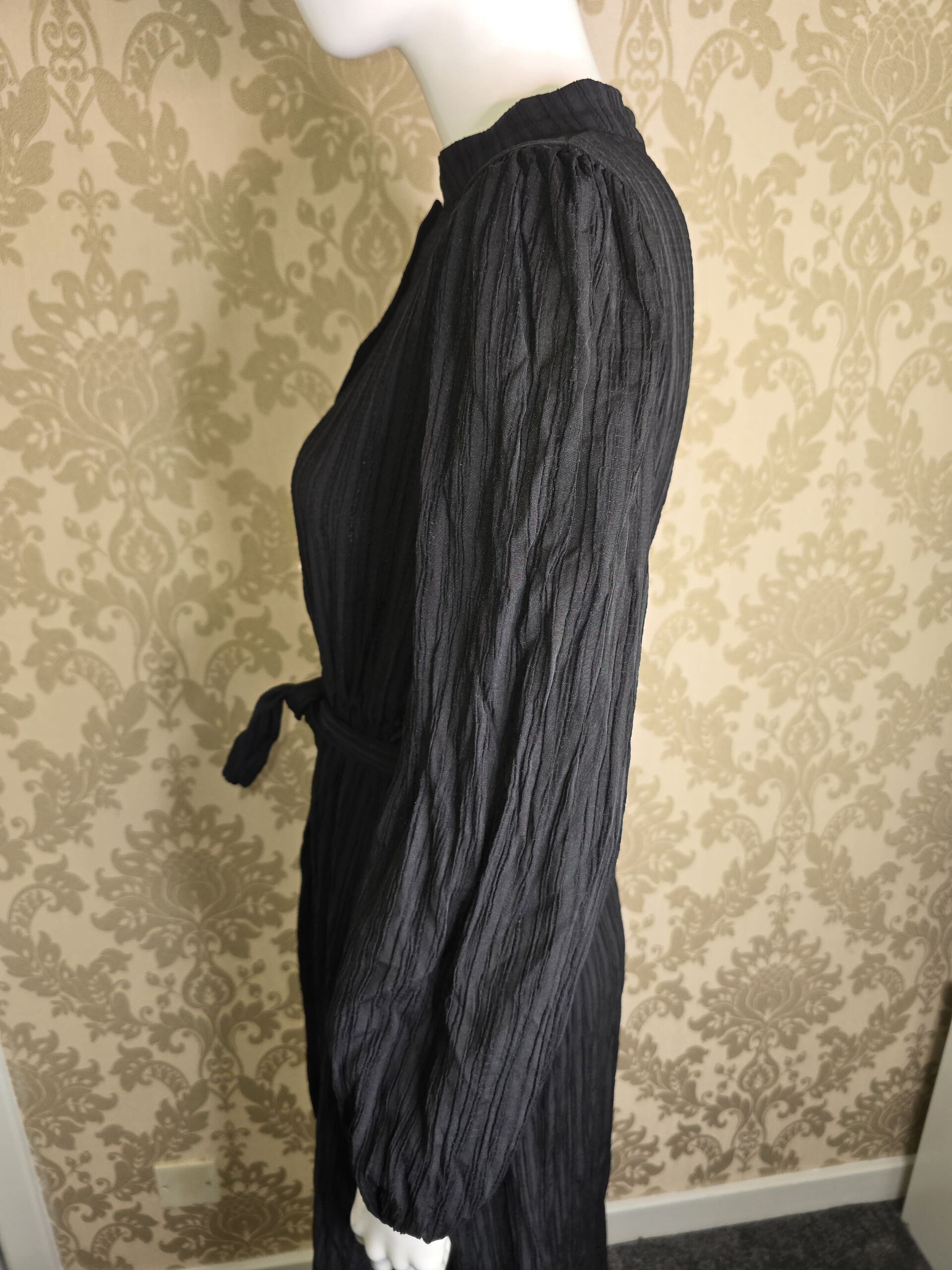 Women’s Black Long Sleeve Belted Maxi Dress Size Small, Textured Crinkle Shirt Dress with Gold Buttons, High Neck, Tie Waist and Flared Hem - Image 4