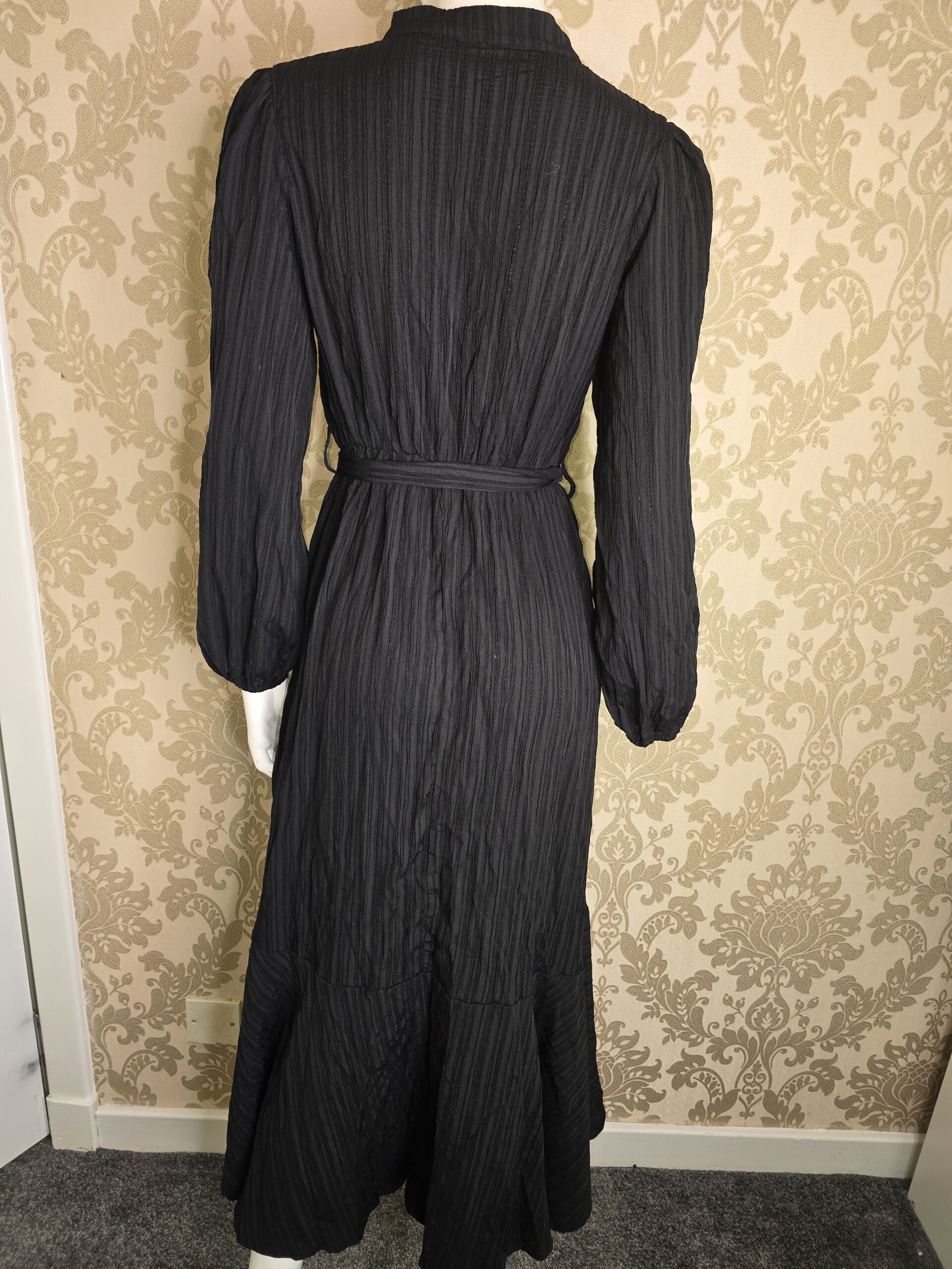 Women’s Black Long Sleeve Belted Maxi Dress Size Small, Textured Crinkle Shirt Dress with Gold Buttons, High Neck, Tie Waist and Flared Hem - Image 3