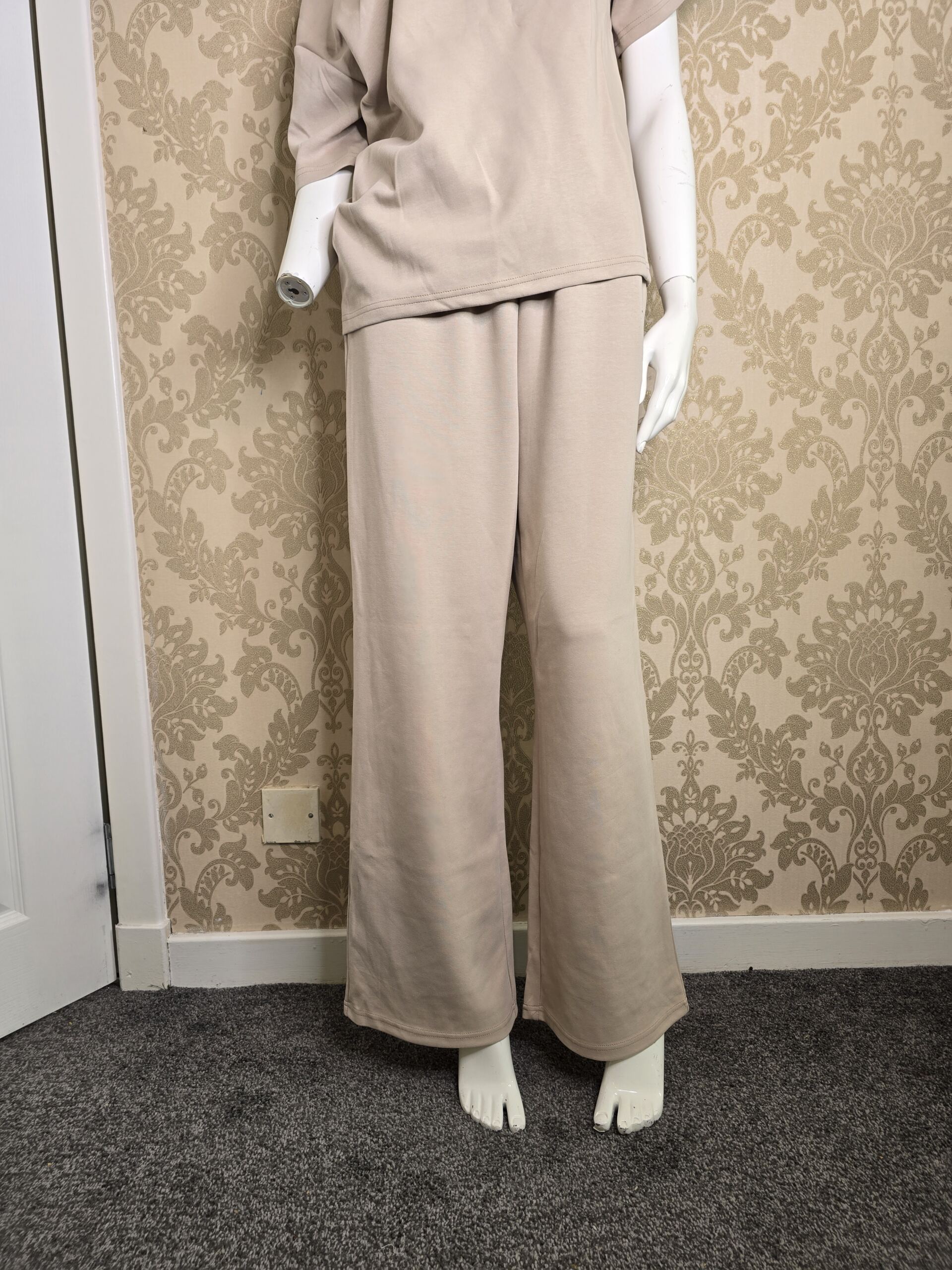Women’s Beige Off-Shoulder Two Piece Lounge Set Size Medium, Short Sleeve Relaxed Top with Matching Wide Leg Trousers, Soft Casual Co-Ord Outfit - Image 6