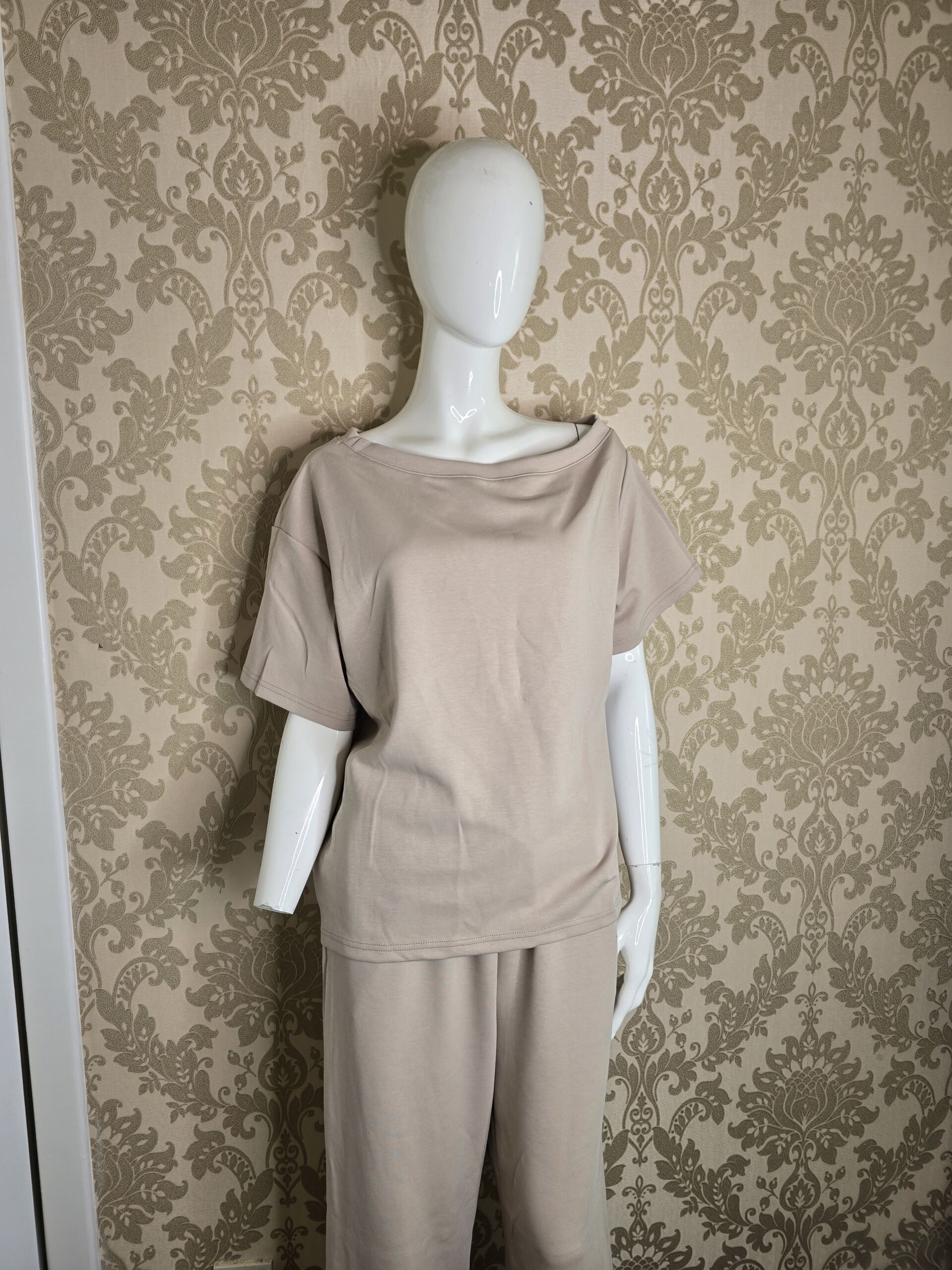 Women’s Beige Off-Shoulder Two Piece Lounge Set Size Medium, Short Sleeve Relaxed Top with Matching Wide Leg Trousers, Soft Casual Co-Ord Outfit - Image 4