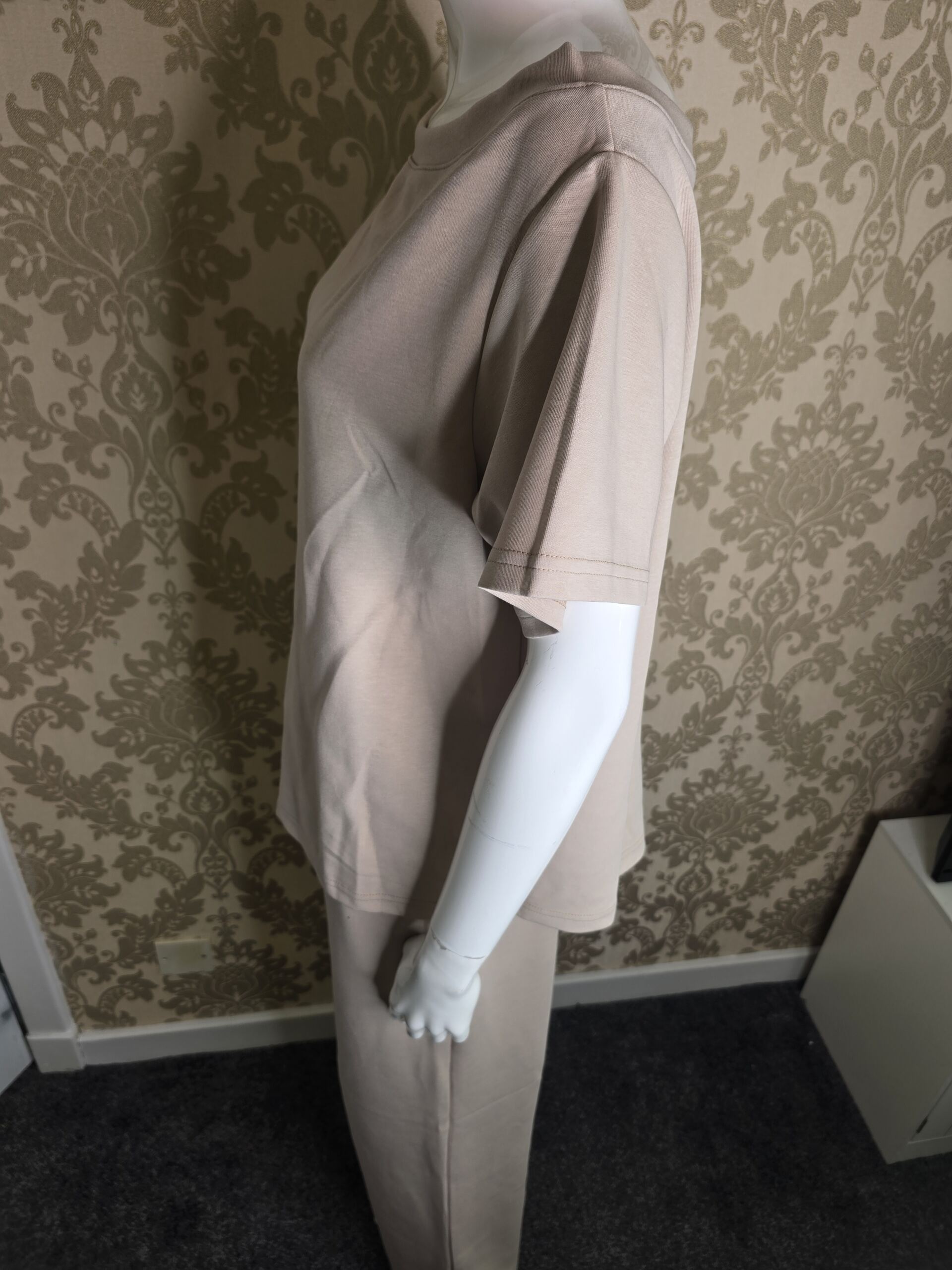 Women’s Beige Off-Shoulder Two Piece Lounge Set Size Medium, Short Sleeve Relaxed Top with Matching Wide Leg Trousers, Soft Casual Co-Ord Outfit - Image 3