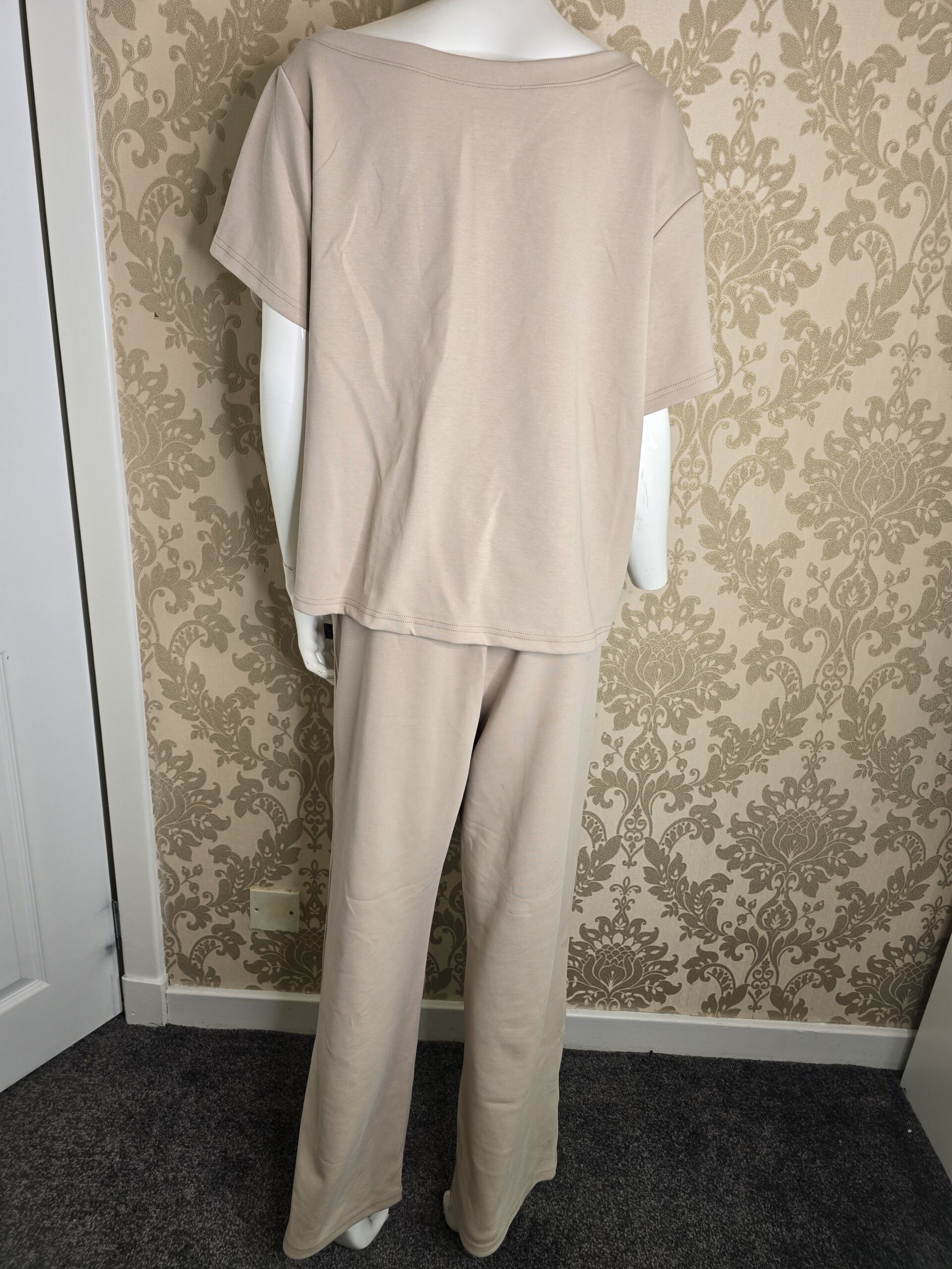 Women’s Beige Off-Shoulder Two Piece Lounge Set Size Medium, Short Sleeve Relaxed Top with Matching Wide Leg Trousers, Soft Casual Co-Ord Outfit - Image 2