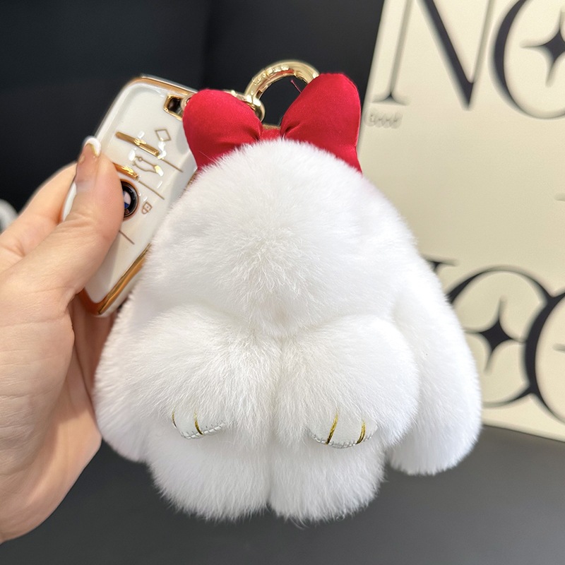 Cute Rex Rabbit Hair Bunny Bow Bag Charm Keyring - Image 4