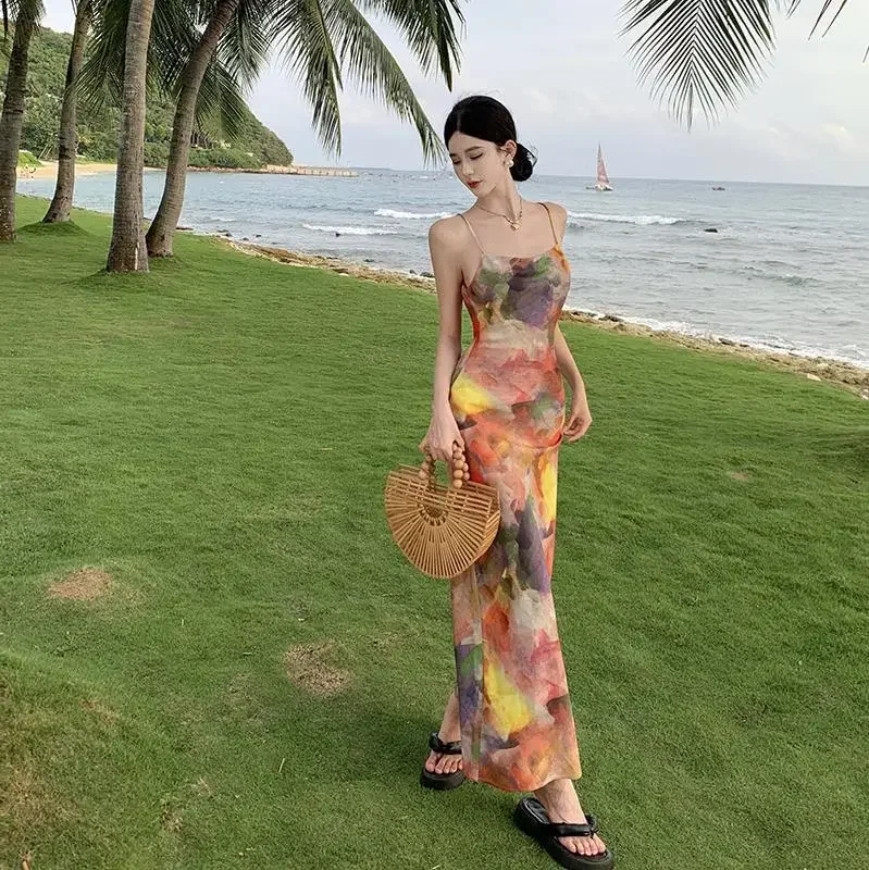Retro Monet Print Sling Summer Dress - Image 2