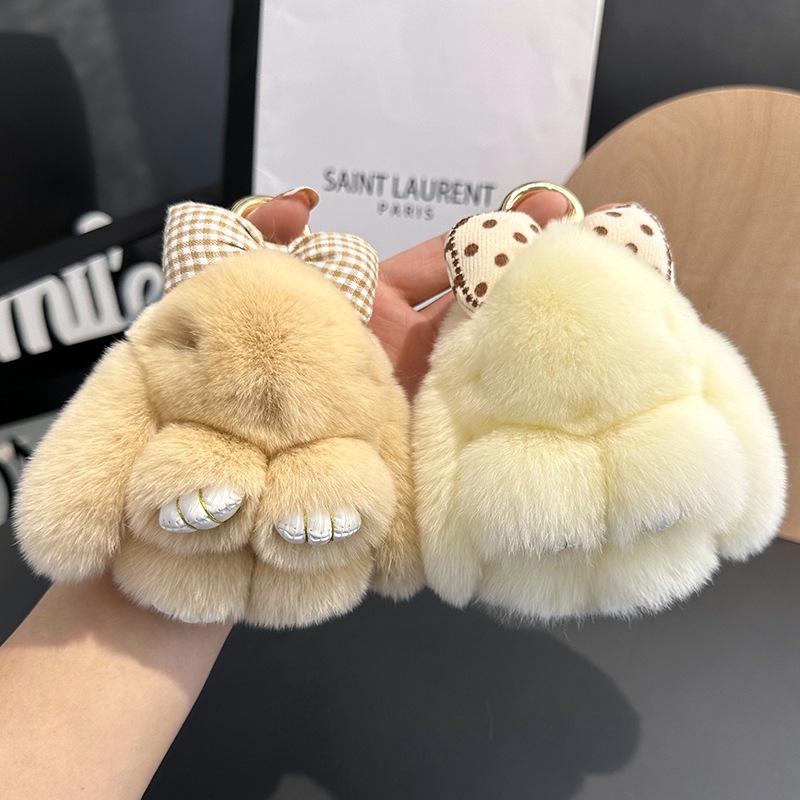 Cute Rex Rabbit Hair Bunny Bow Bag Charm Keyring - Image 2
