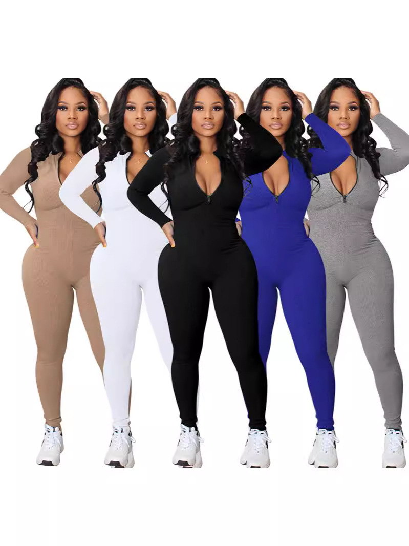 Women’s Zip Sports Jumpsuit S2764, Sunken Stripe One Piece for Spring Autumn