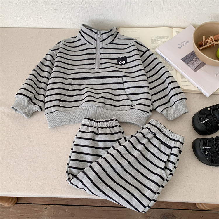 Kids Korean Striped Tracksuit Set, Gray Sweatshirt & Pants - Image 2