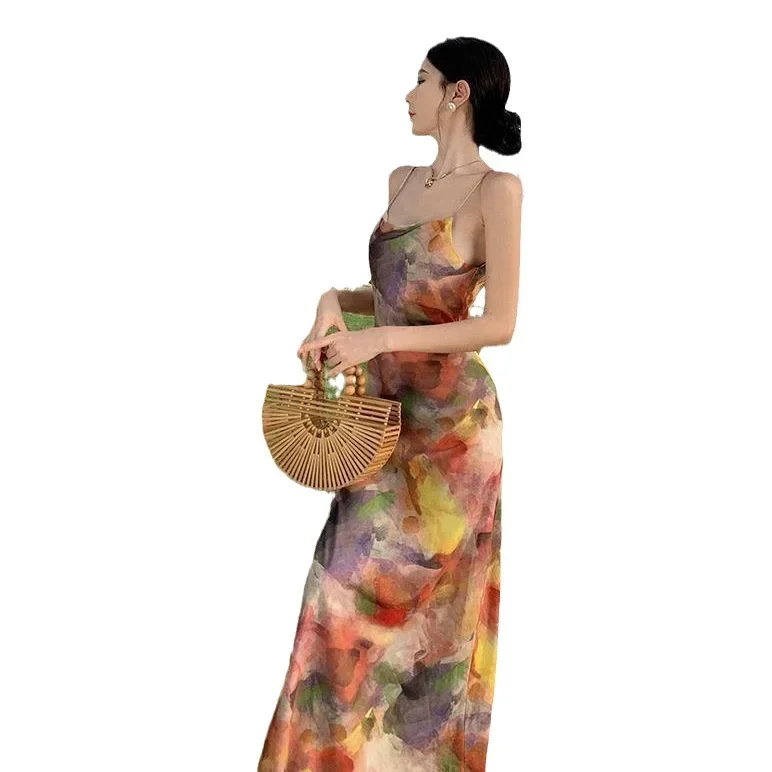 Retro Monet Print Sling Summer Dress - Image 5