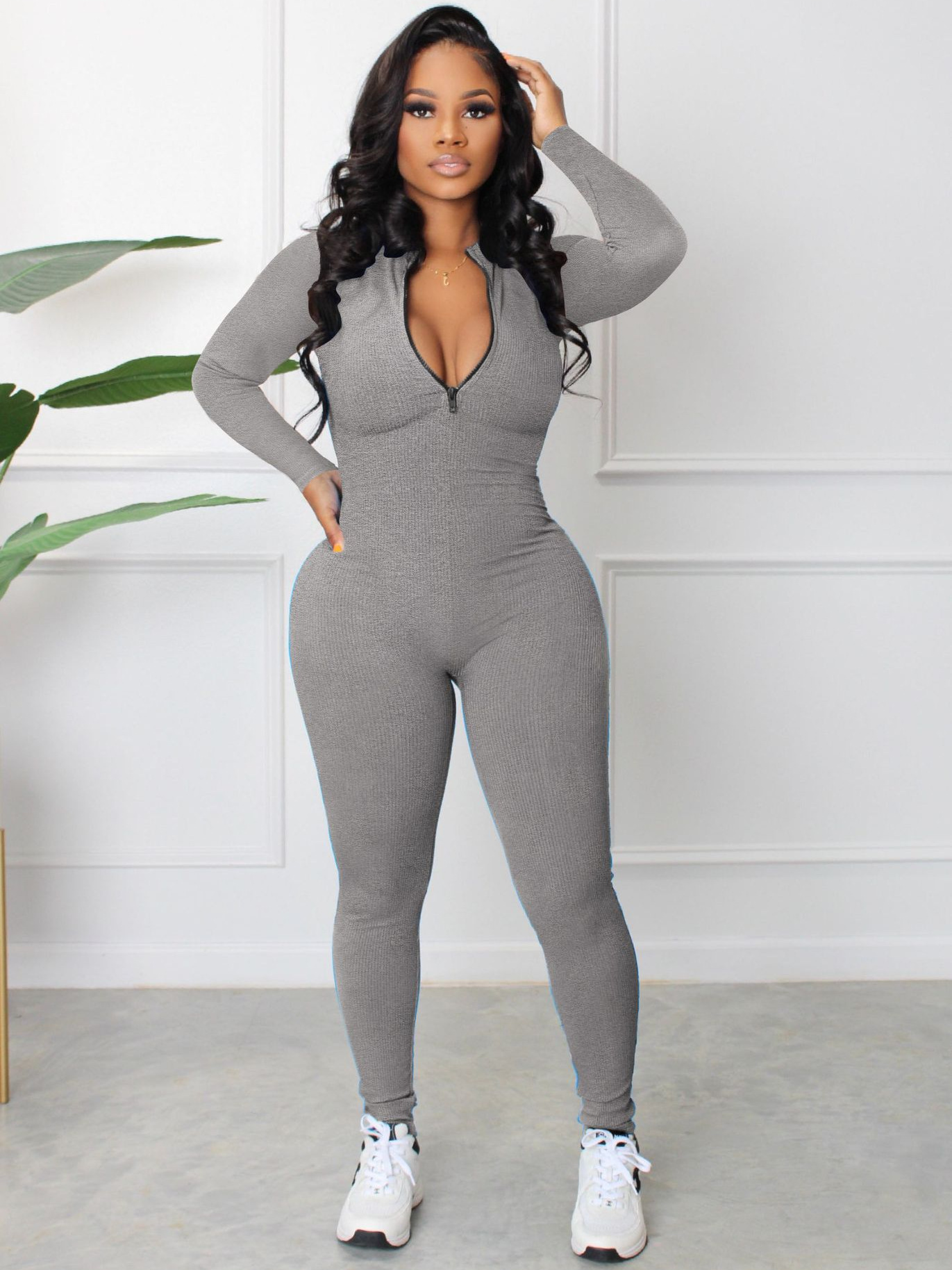 Women’s Zip Sports Jumpsuit S2764, Sunken Stripe One Piece for Spring Autumn - Image 2