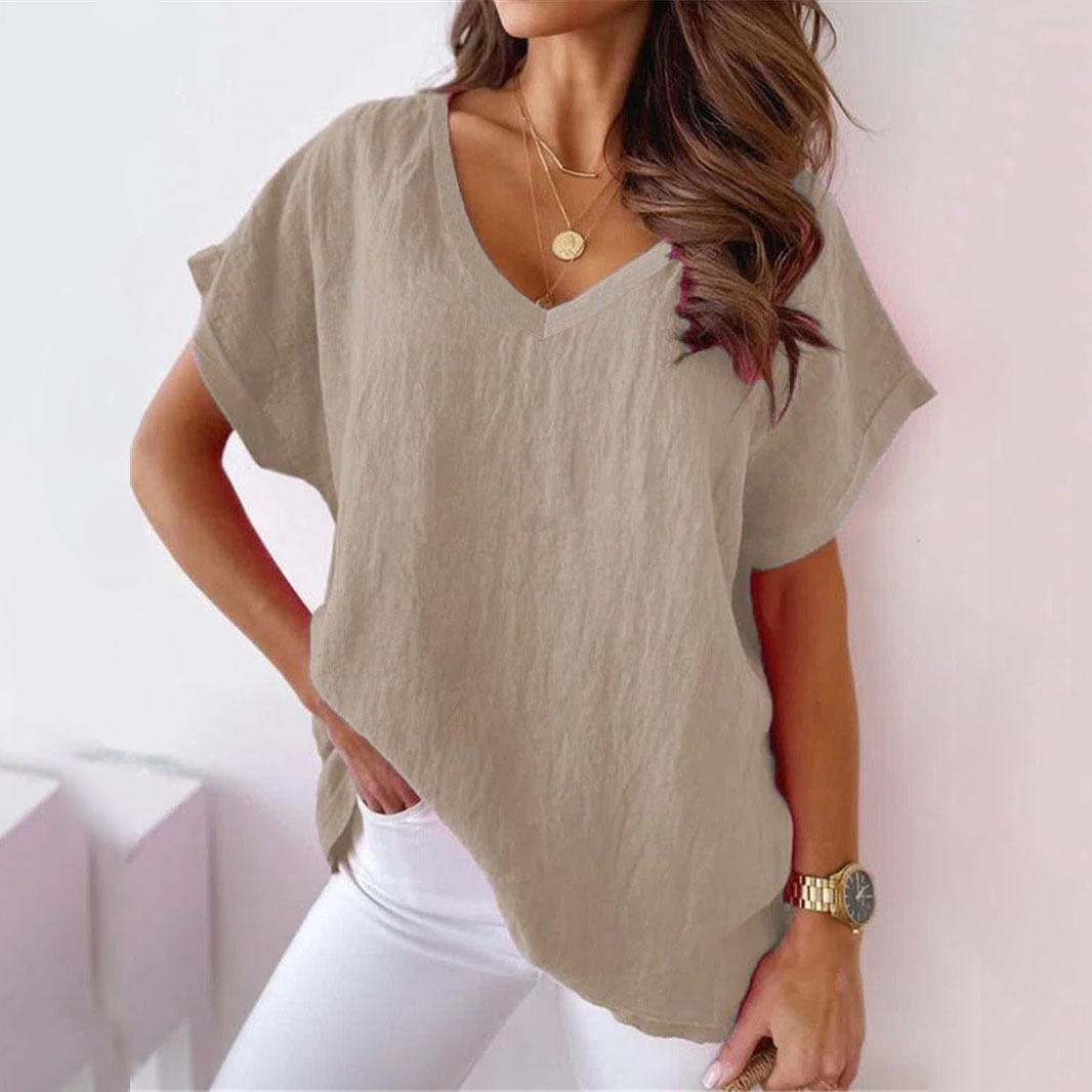 Plus Size Women’s V-Neck Cotton Linen Batwing T-Shirt Casual Top - Image 3