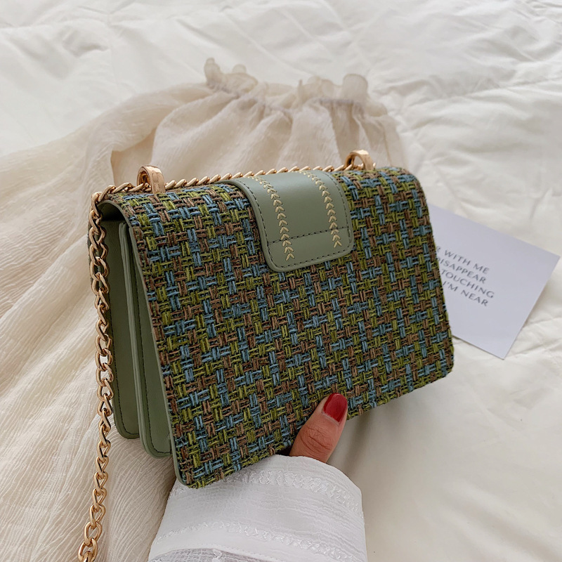 Hong Kong style bags women's 2024 autumn and winter New Korean casual elegant women's bag cotton and linen stitching chain shoulder messenger bag
