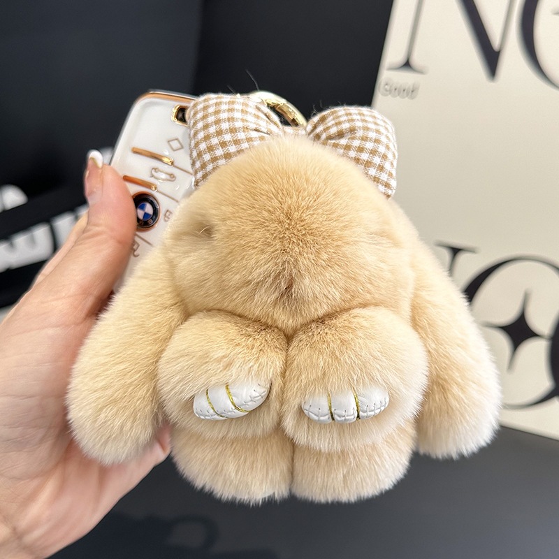Cute Rex Rabbit Hair Bunny Bow Bag Charm Keyring