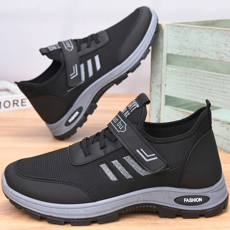Men's Velcro Walking Sneakers Soft Sole Comfort Shoes Grey Black - Image 3