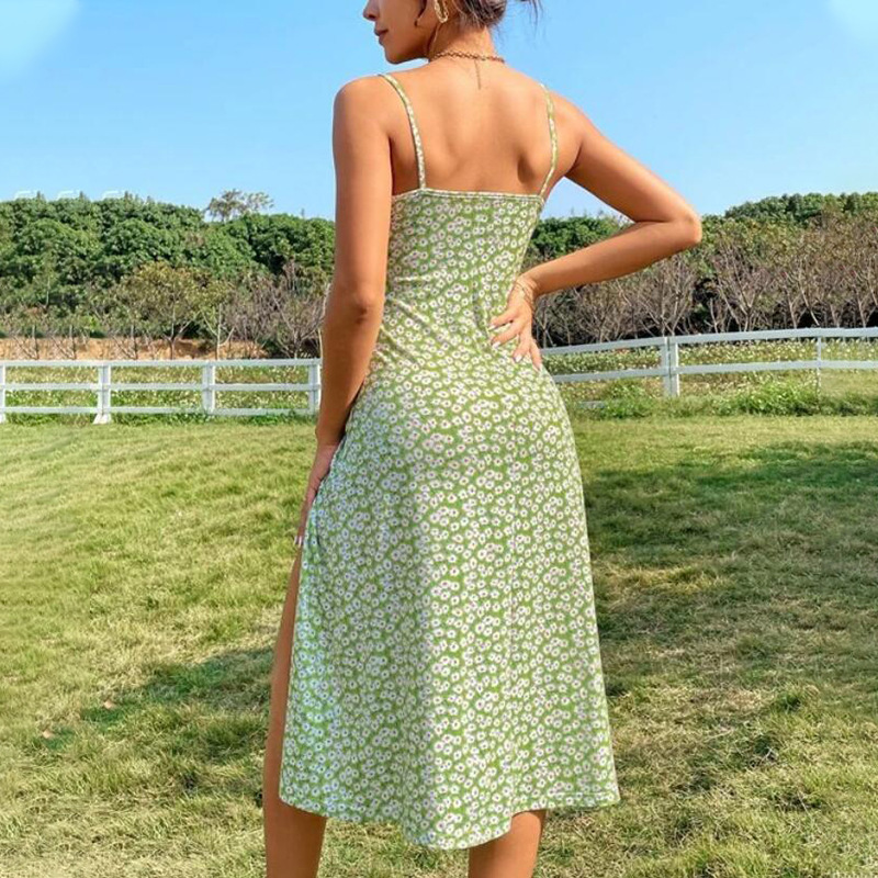 Elegant Green Floral Lace-Up Summer Dress - Image 3