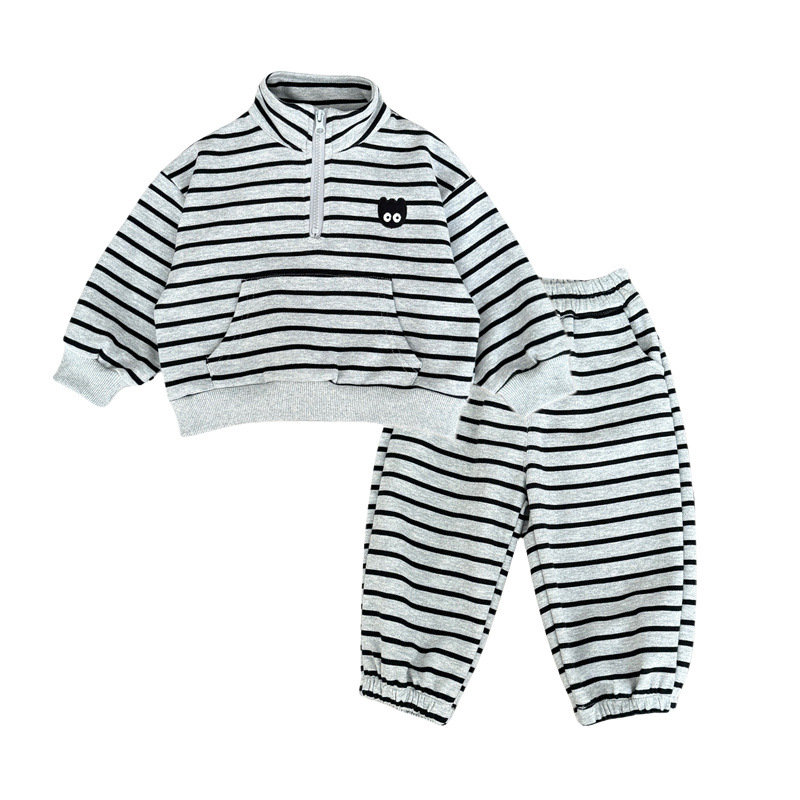 Kids Korean Striped Tracksuit Set, Gray Sweatshirt & Pants - Image 4