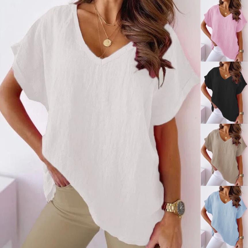 Plus Size Women’s V-Neck Cotton Linen Batwing T-Shirt Casual Top