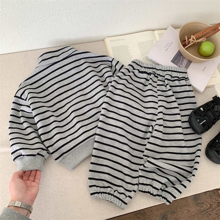 Kids Korean Striped Tracksuit Set, Gray Sweatshirt & Pants - Image 3