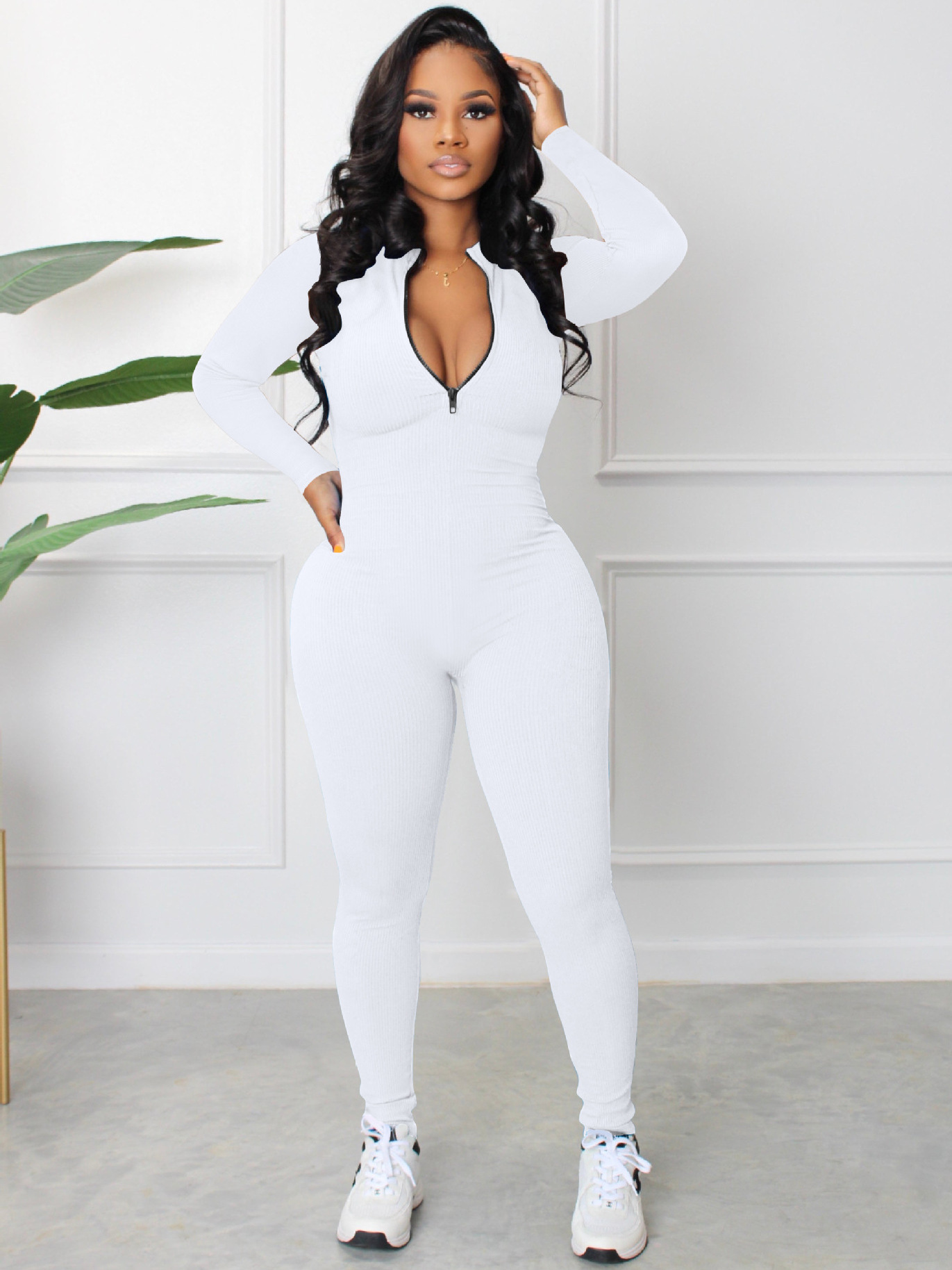 Women’s Zip Sports Jumpsuit S2764, Sunken Stripe One Piece for Spring Autumn - Image 5