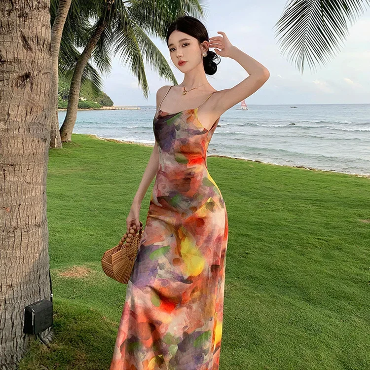 Retro Monet Print Sling Summer Dress