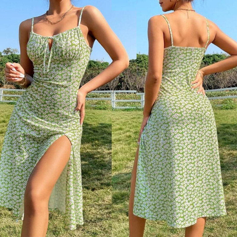 Elegant Green Floral Lace-Up Summer Dress