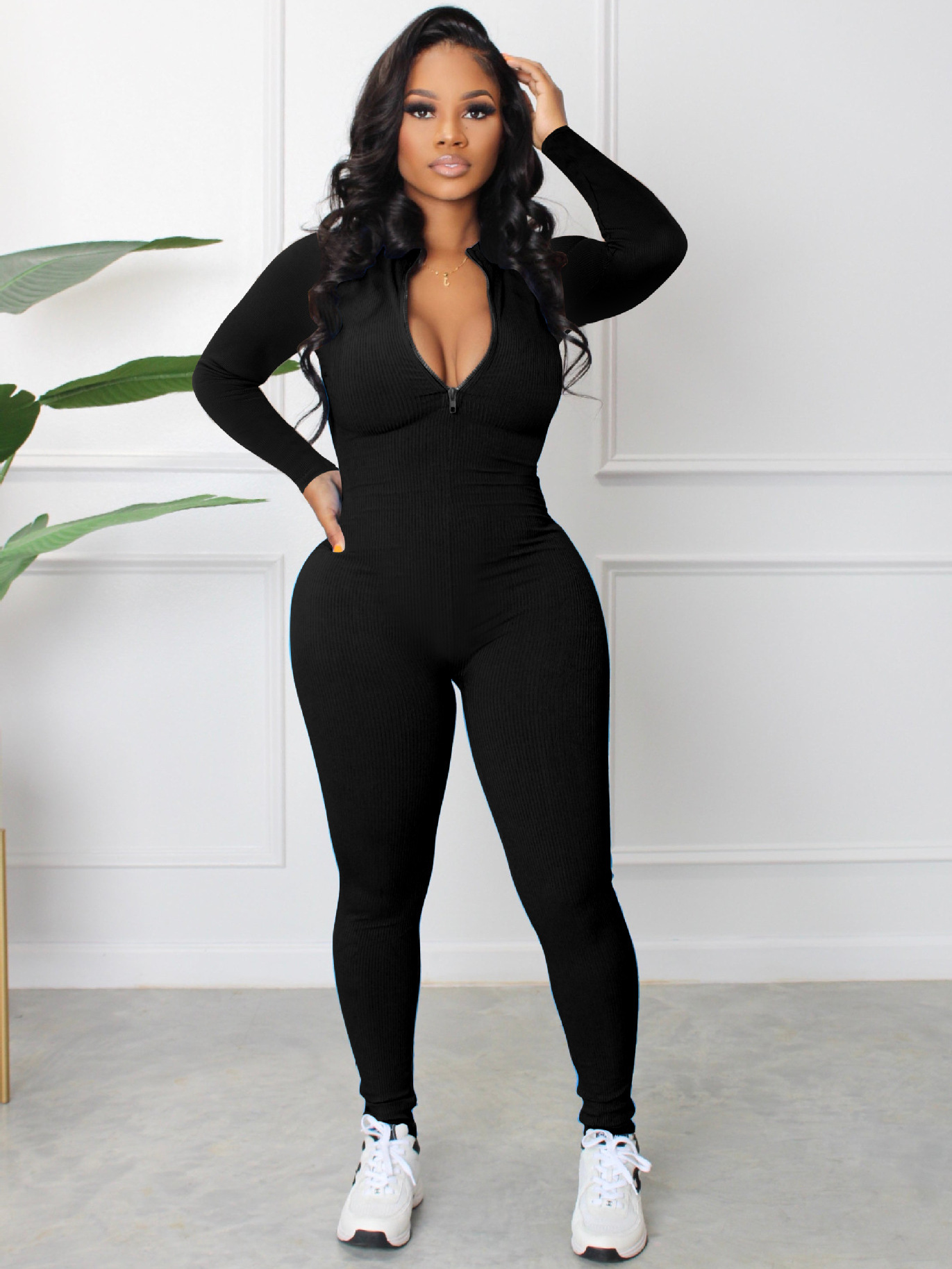 Women’s Zip Sports Jumpsuit S2764, Sunken Stripe One Piece for Spring Autumn - Image 3