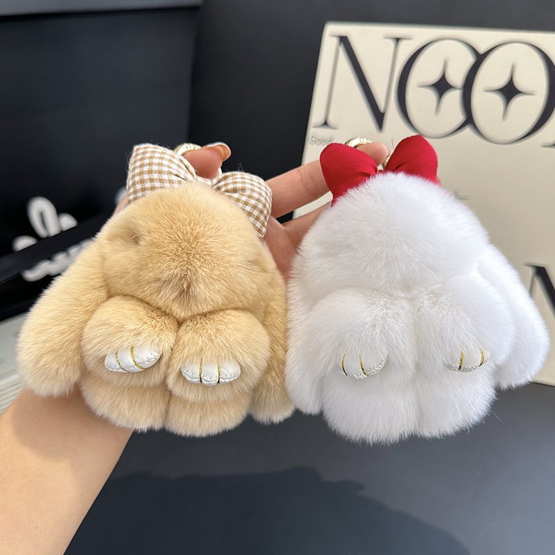 Cute Rex Rabbit Hair Bunny Bow Bag Charm Keyring - Image 5