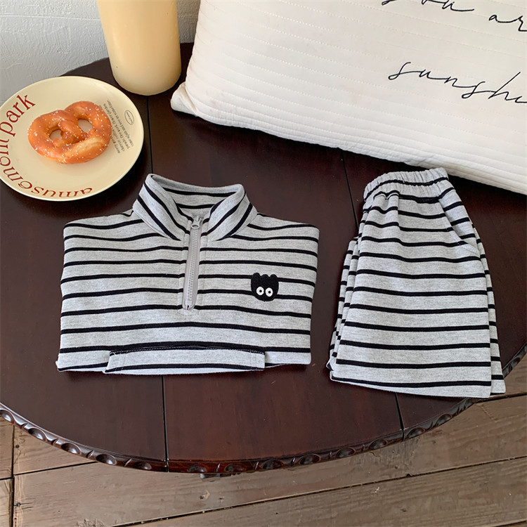 Kids Korean Striped Tracksuit Set, Gray Sweatshirt & Pants - Image 5