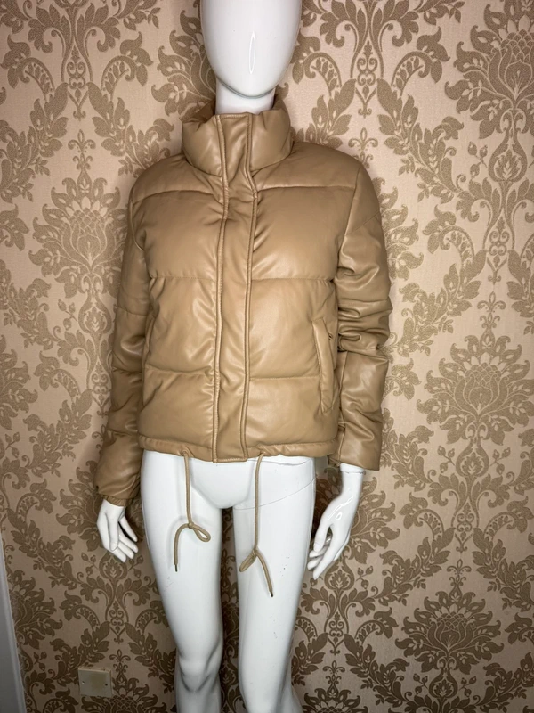 Women’s Beige PU Leather Puffer Jacket, Smileader, Cropped Warm Winter Jacket with Stand Collar, Zip Front, Press Stud Buttons, Side Pockets & Adjustable Hem Drawstrings - Image 2