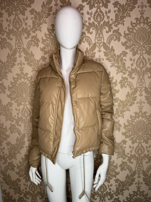 Women’s Beige PU Leather Puffer Jacket, Smileader, Cropped Warm Winter Jacket with Stand Collar, Zip Front, Press Stud Buttons, Side Pockets & Adjustable Hem Drawstrings - Image 3