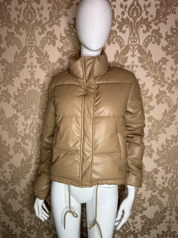 Women’s Beige PU Leather Puffer Jacket, Smileader, Cropped Warm Winter Jacket with Stand Collar, Zip Front, Press Stud Buttons, Side Pockets & Adjustable Hem Drawstrings - Image 4