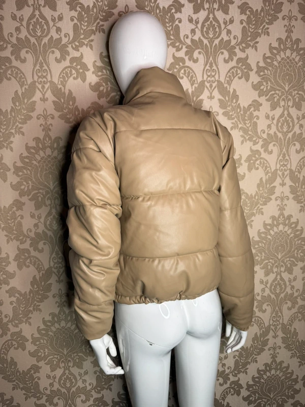 Women’s Beige PU Leather Puffer Jacket, Smileader, Cropped Warm Winter Jacket with Stand Collar, Zip Front, Press Stud Buttons, Side Pockets & Adjustable Hem Drawstrings - Image 5