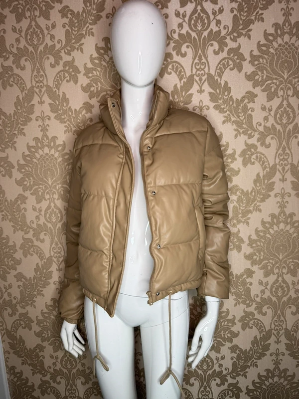Women’s Beige PU Leather Puffer Jacket, Smileader, Cropped Warm Winter Jacket with Stand Collar, Zip Front, Press Stud Buttons, Side Pockets & Adjustable Hem Drawstrings