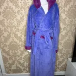 Soft Purple Hooded Fleece Bathrobe, Long Sleeve Plush Winter Dressing Gown with Contrast Burgundy Hood & Cuffs, Waist Tie Belt, Warm Home Wear Robe