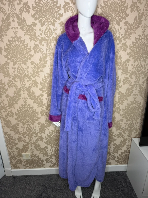 Soft Purple Hooded Fleece Bathrobe, Long Sleeve Plush Winter Dressing Gown with Contrast Burgundy Hood & Cuffs, Waist Tie Belt, Warm Home Wear Robe