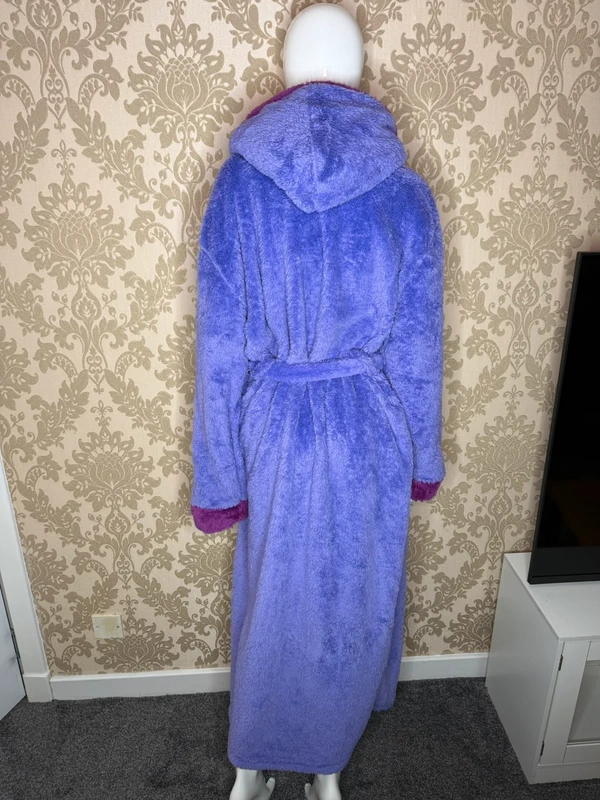 Soft Purple Hooded Fleece Bathrobe, Long Sleeve Plush Winter Dressing Gown with Contrast Burgundy Hood & Cuffs, Waist Tie Belt, Warm Home Wear Robe - Image 2