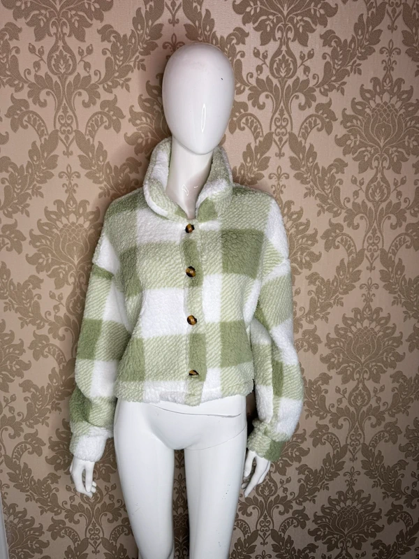 Women’s Green White Check Teddy Fleece Jacket Size S, Soft Button-Up Cropped Plaid Coat, Casual Autumn Winter Outerwear, Warm Fleece Jacket
